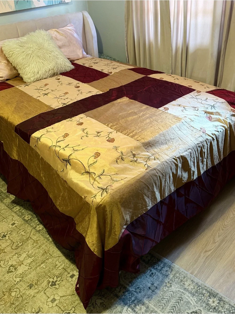 Elegant Floral Burgundy and Gold  Patchwork Duvet w Gold Dust Ruffle